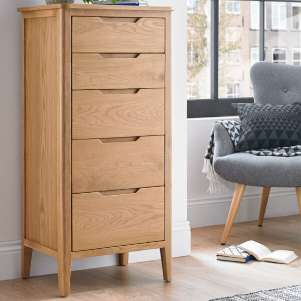 Harkuta Solid Oak 5 Drawer Tallboy Chest - The Furniture Mega Store