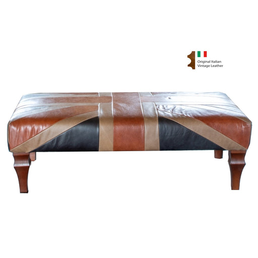 Union Jack Large Vintage Leather Footstool - 120cm - The Furniture Mega Store 