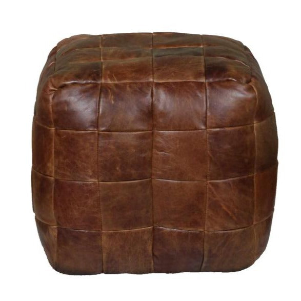 Vintage Brown Leather Patchwork Square Cube Bean Bag - The Furniture Mega Store