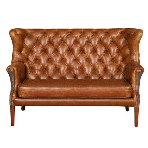 Winchester Chesterfield Wing Back 2 Seater Sofa - Vintage Leather & Harris Tweed - The Furniture Mega Store 
