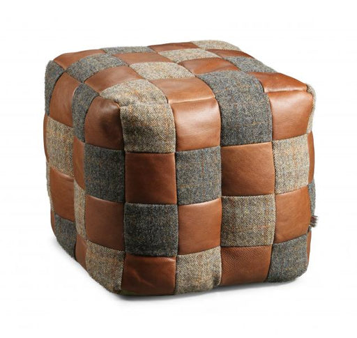 Harris Tweed & Brown Vintage Leather Patchwork Square Bean Bag - The Furniture Mega Store