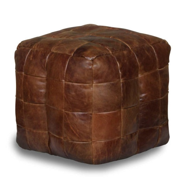 Vintage Brown Leather Patchwork Square Cube Bean Bag - The Furniture Mega Store