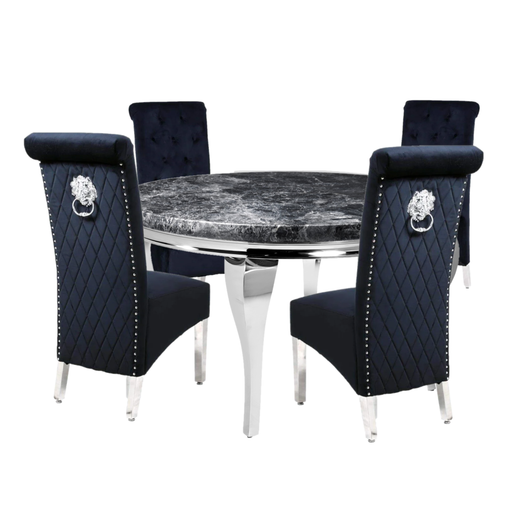 Mayfair Round 1.3 Black Marble Top Dining Table & 4 Sofia Velvet Dining Chairs Set - The Furniture Mega Store