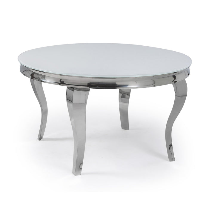 Mayfair Round White Glass Top Dining Table With Stainless Steel Curved Legs - The Furniture Mega Store