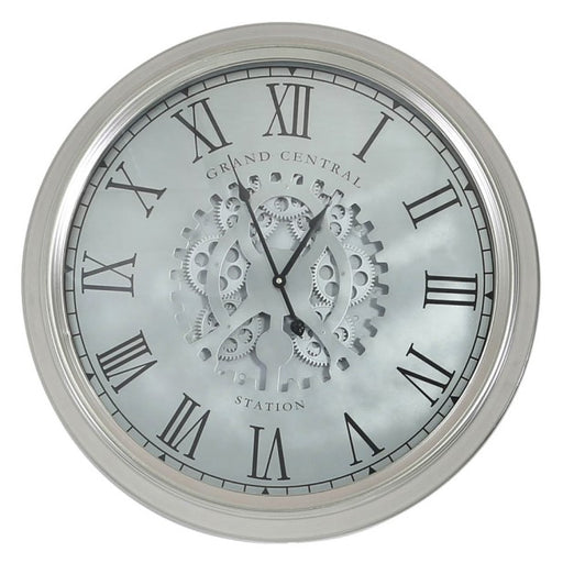 Silver Gears Wall Clock with Roman Numerals - 52.5cm - The Furniture Mega Store 