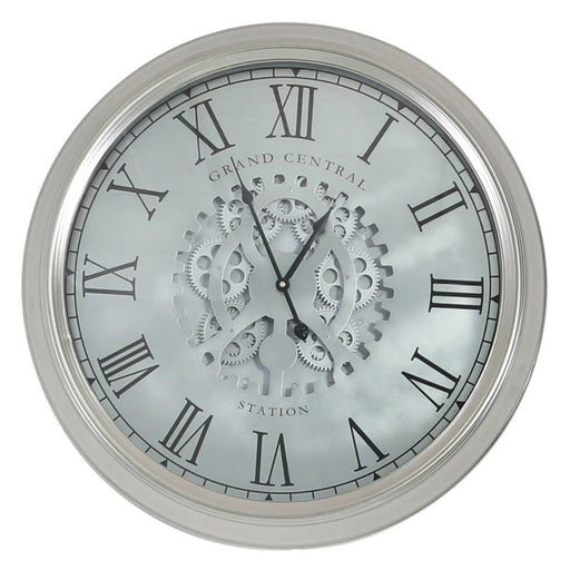 Silver Gears Wall Clock with Roman Numerals - 52.5cm - The Furniture Mega Store