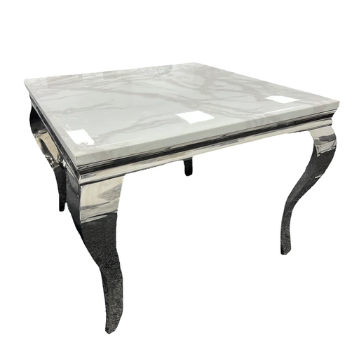 Louis Square White Marble & Polished Steel Dining Table - 100cm - The Furniture Mega Store 