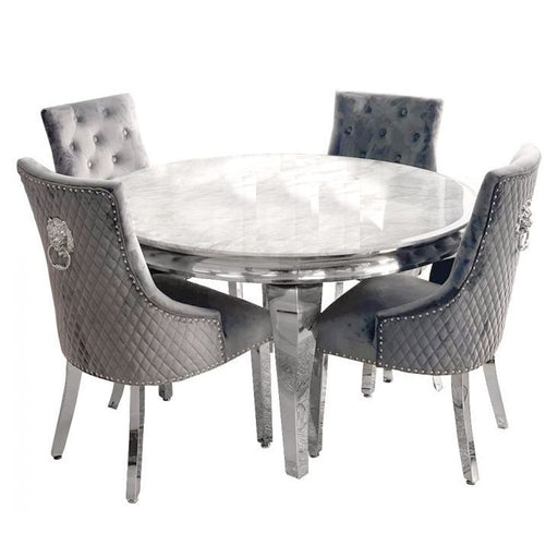 Mayfair Round 1.3 White Marble Top Dining Table & 4 Bentley Dark Grey Lion Knocker Back Dining Chairs - The Furniture Mega Store