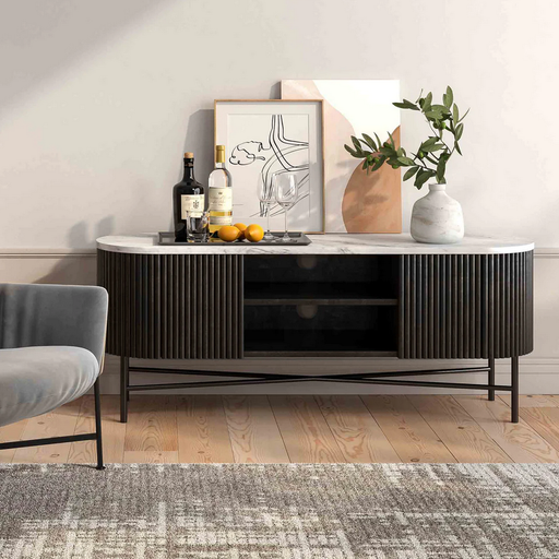 Miles Charcoal Fluted Mango & White Marble Large Curved TV Unit 150cm - The Furniture Mega Store 
