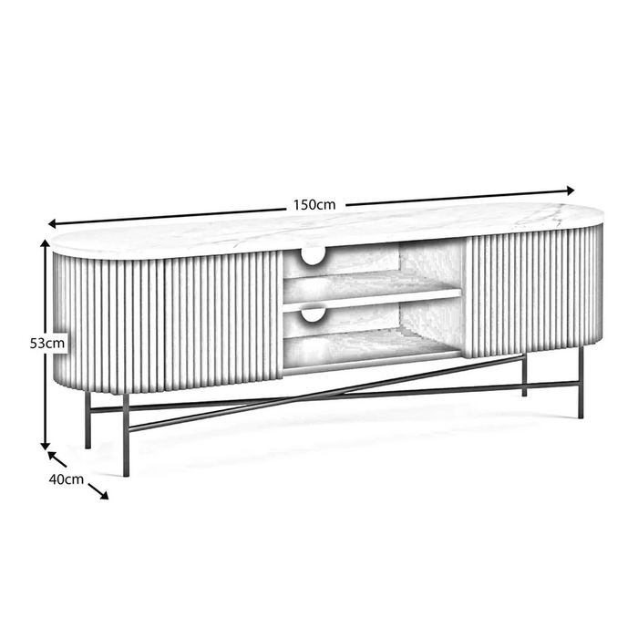 Miles Charcoal Fluted Mango & White Marble Large Curved TV Unit 150cm - The Furniture Mega Store 