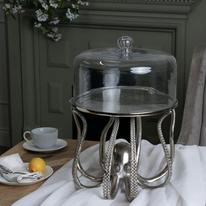 Large Silver Octopus Cake Stand Cloche - The Furniture Mega Store 