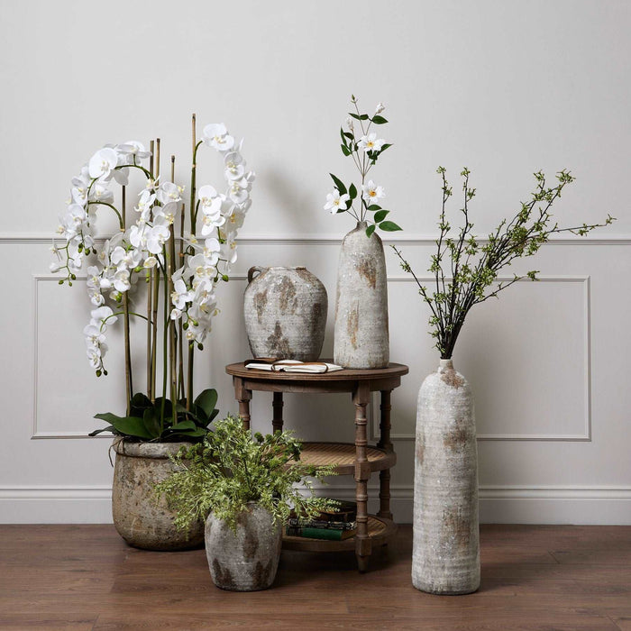 Floor Standing White Orchids In Antique Stone Pot - 5 Foot Tall - The Furniture Mega Store 