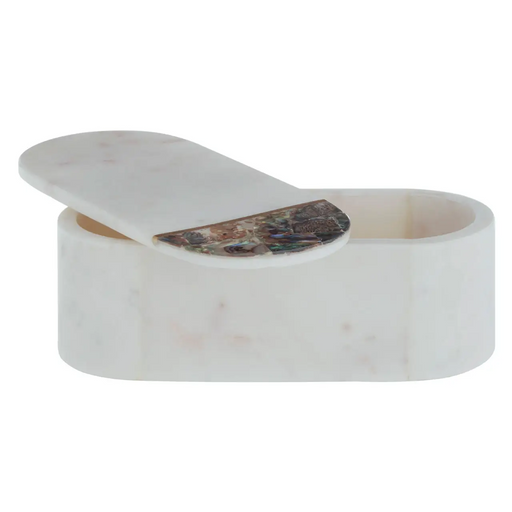 White Marble Trinket Box with Blue Paua Shell & Gold Detailed Lid - The Furniture Mega Store 