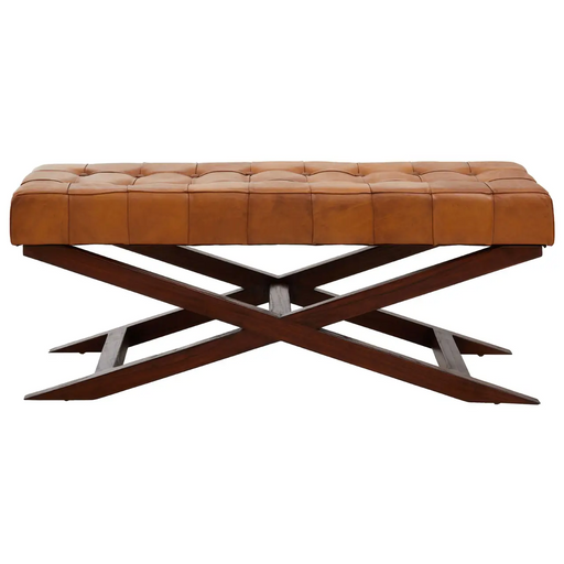 Ivy Genuine Leather Button Tufted Cross Base Bench Seat - 121cm - The Furniture Mega Store 