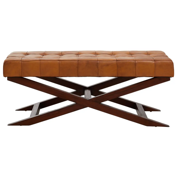 Ivy Genuine Leather Button Tufted Cross Base Bench Seat 121cm