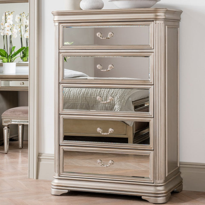 Jessica Champagne Mirrored 5 Drawer Tall Chest - The Furniture Mega Store 