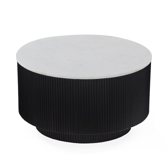 Miles Charcoal Fluted Mango & White Marble Round Coffee Table with 1 Door Storage - The Furniture Mega Store 