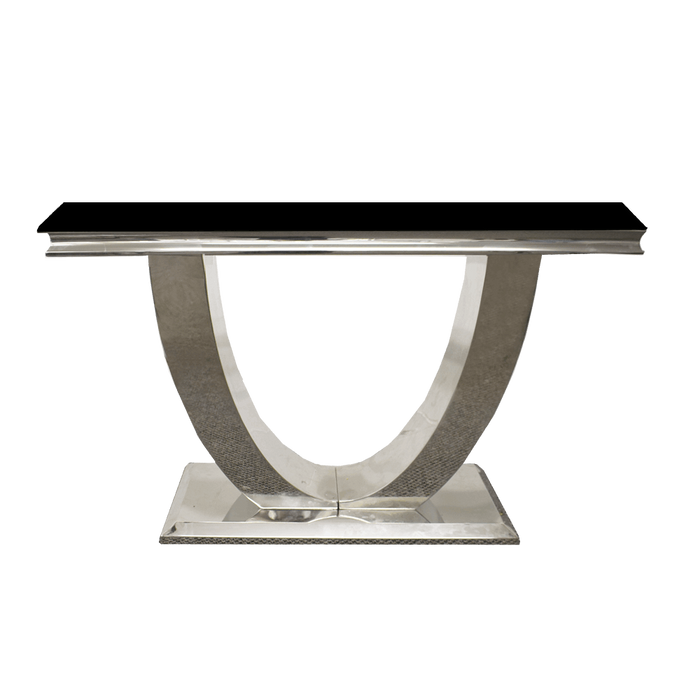 Ariel Glass & Polished Steel Console Table - Choice Of Colours - The Furniture Mega Store 