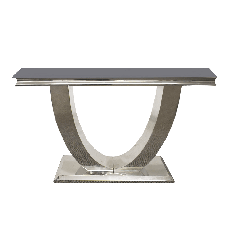 Ariel Glass & Polished Steel Console Table - Choice Of Colours - The Furniture Mega Store 