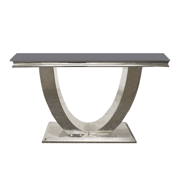 Ariel Glass & Polished Steel Console Table - Choice Of Colours - The Furniture Mega Store 