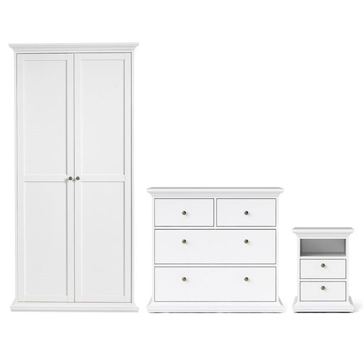 Parisian Package - Bedside 2 Drawers + Chest of 4 Drawers + 2 Door Wardrobe - White - The Furniture Mega Store 