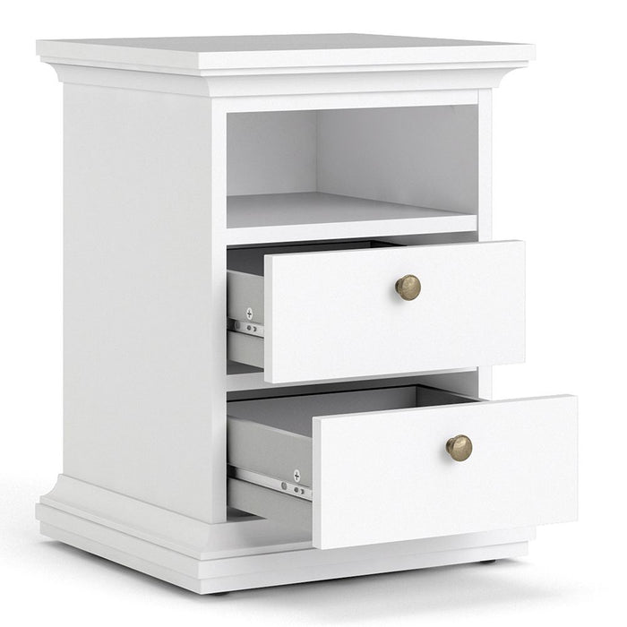 Parisian Package - Bedside 2 Drawers + Chest of 4 Drawers + 2 Door Wardrobe - White - The Furniture Mega Store 