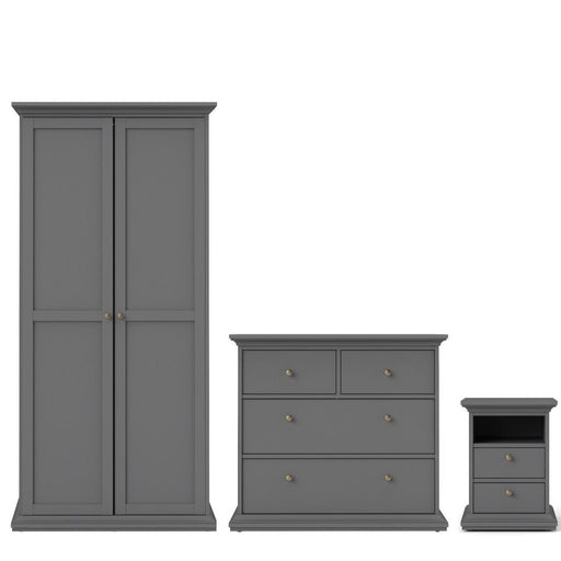 Parisian Package - Bedside 2 Drawers + Chest of 4 Drawers + 2 Door Wardrobe - Matt Grey - The Furniture Mega Store 