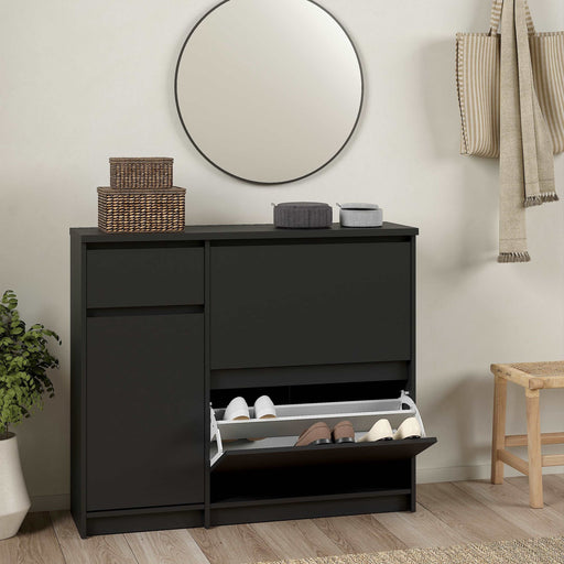 Naia Shoe Cabinet - 2 Flip Down Doors, 1 Door + 1 Drawer - Black Matt - The Furniture Mega Store 