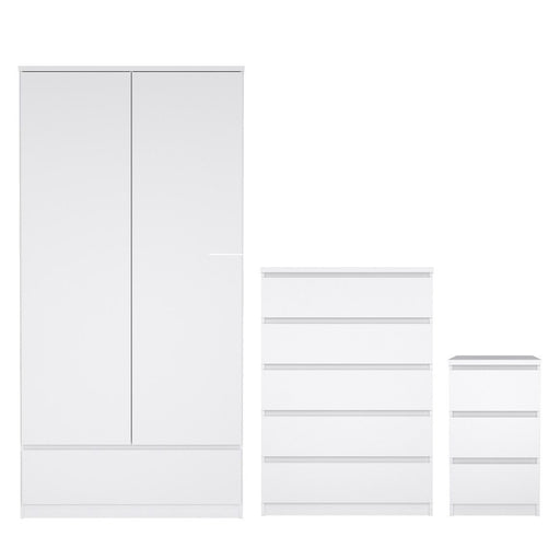 Naia Package - White High Gloss + 3 Drawer Bedside + Chest of 5 Drawers + 2 door 1 drawer Wardrobe - The Furniture Mega Store 