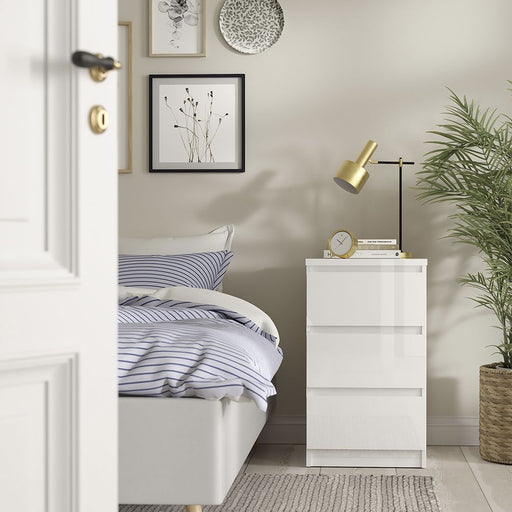 Naia Package - White High Gloss + 3 Drawer Bedside + Chest of 5 Drawers + 2 door 1 drawer Wardrobe - The Furniture Mega Store 