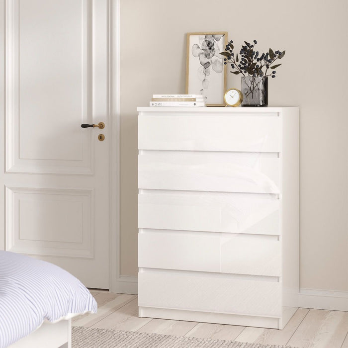 Naia Package - White High Gloss + 3 Drawer Bedside + Chest of 5 Drawers + 2 door 1 drawer Wardrobe - The Furniture Mega Store 