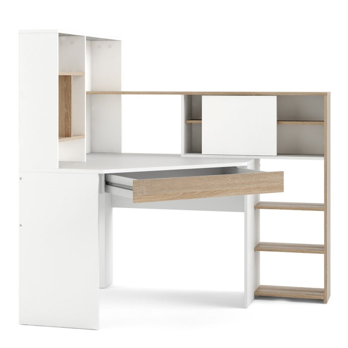 Corner Desk with multi-functional unit In White and Oak - The Furniture Mega Store 