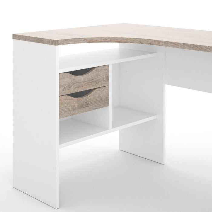 Corner Desk 2 Drawers in White and Truffle Oak - The Furniture Mega Store 