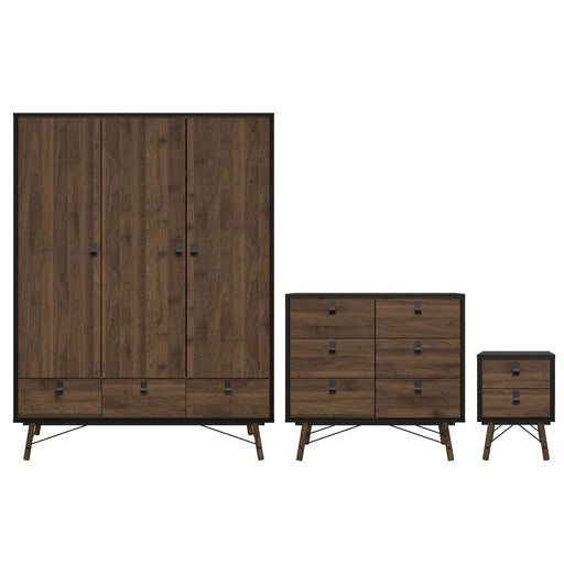Rena Package - 3 Door 3 Drawer Wardrobe + Double chest of 6 drawers + 2 Drawer Bedside cabinet - Matt Black & Walnut - The Furniture Mega Store 