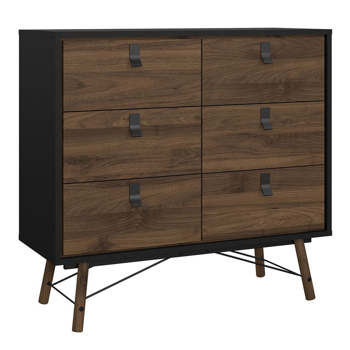 Rena Package - 3 Door 3 Drawer Wardrobe + Double chest of 6 drawers + 2 Drawer Bedside cabinet - Matt Black & Walnut - The Furniture Mega Store 