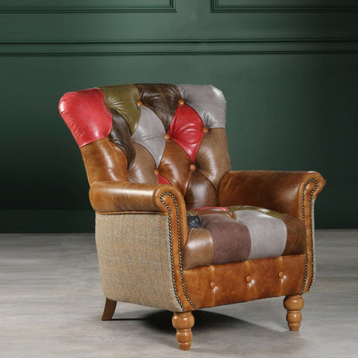 Alderley Vintage Leather & Harris Tweed Patchwork Chesterfield Chair - The Furniture Mega Store 