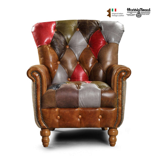 Alderley Vintage Leather & Harris Tweed Patchwork Chesterfield Chair - The Furniture Mega Store 