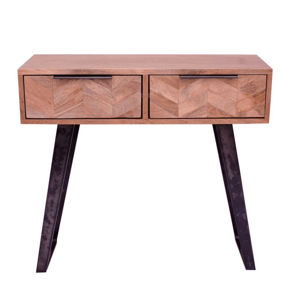 Akash Chevron Parquet Mango Wood 2 Drawer Console Table - 90cm - The Furniture Mega Store 