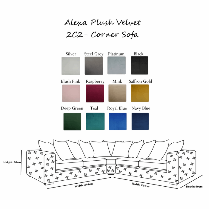 Alexa Plush Velvet Corner Sofa - Pillow Or Classic Back - Choice Of Sizes & Colours - The Furniture Mega Store 