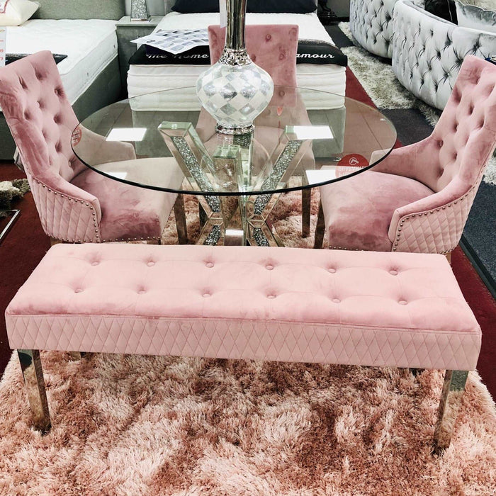 Pink Velvet Tufted Dining Bench With Chrome Legs 140cm