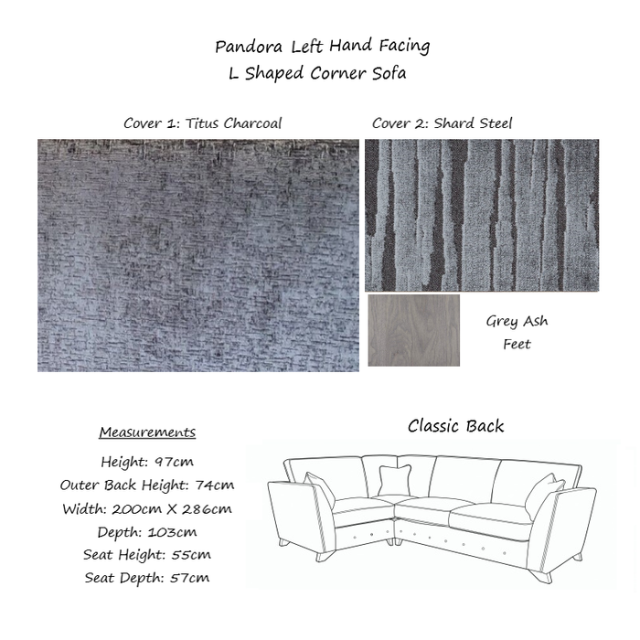 Pandora Fabric Corner Sofa - Choice Of Pillow or Classic Back, Sizes, Fabrics & Feet - The Furniture Mega Store 