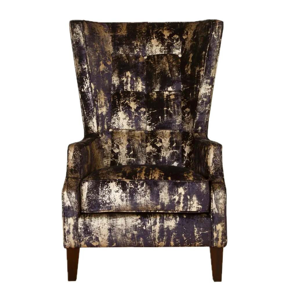 Crinkle Black-Gold Fabric Throne Winged Accent Chair Choice Of Legs