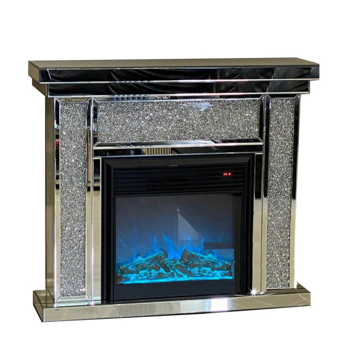 Crushed Diamond Mirrored Fire Surround with Multi Colour Electric Fire - The Furniture Mega Store 