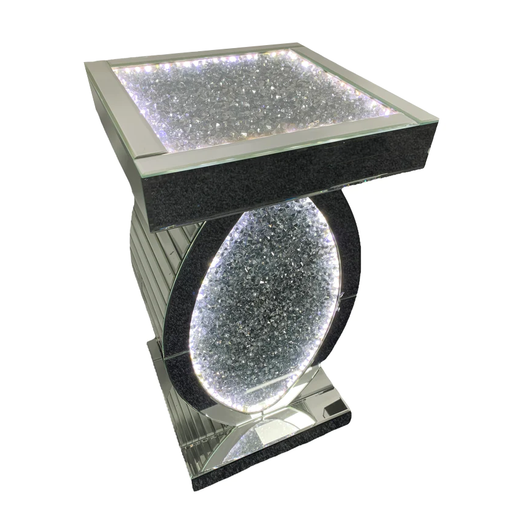 Oval Crushed Diamond Mirrored LED Side Table - The Furniture Mega Store 