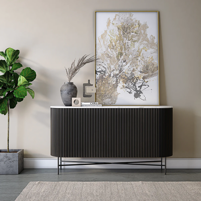 Miles Charcoal Fluted Mango White Marble Large Curved Sideboard