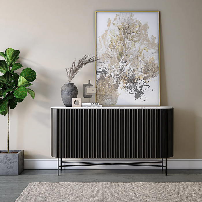 Miles Charcoal Fluted Mango & White Marble Large Curved Sideboard - The Furniture Mega Store 