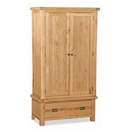 Sailsbury Solid Oak Gents Double Wardrobe 2 Doors & 1 Bottom Storage Drawer - The Furniture Mega Store 