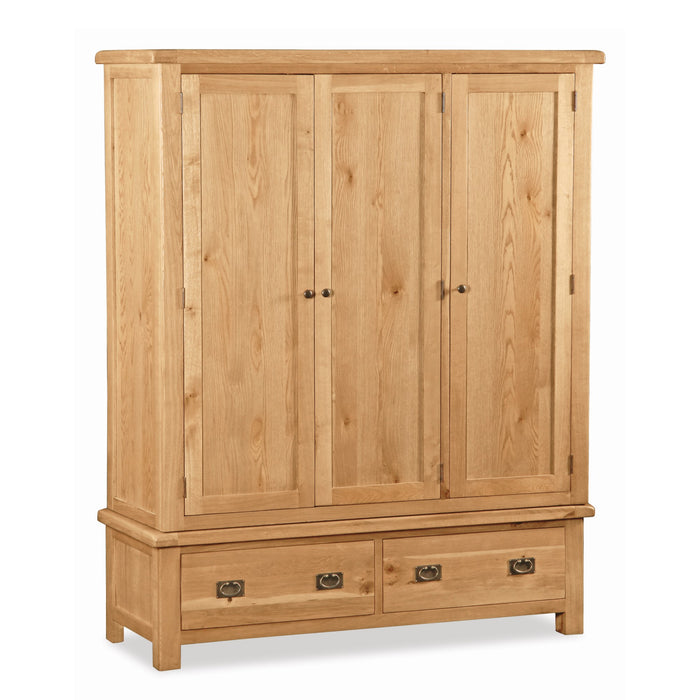 Sailsbury Solid Oak Triple Wardrobe 3 Doors & 2 Bottom Storage Drawers - The Furniture Mega Store 