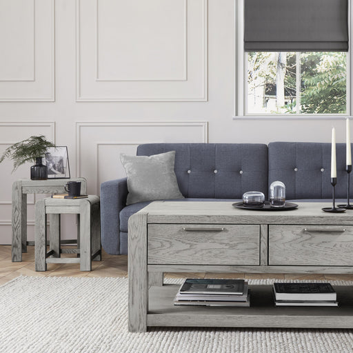 Flora Grey Washed Oak Coffee Table, Storage with 2 Drawers - The Furniture Mega Store 