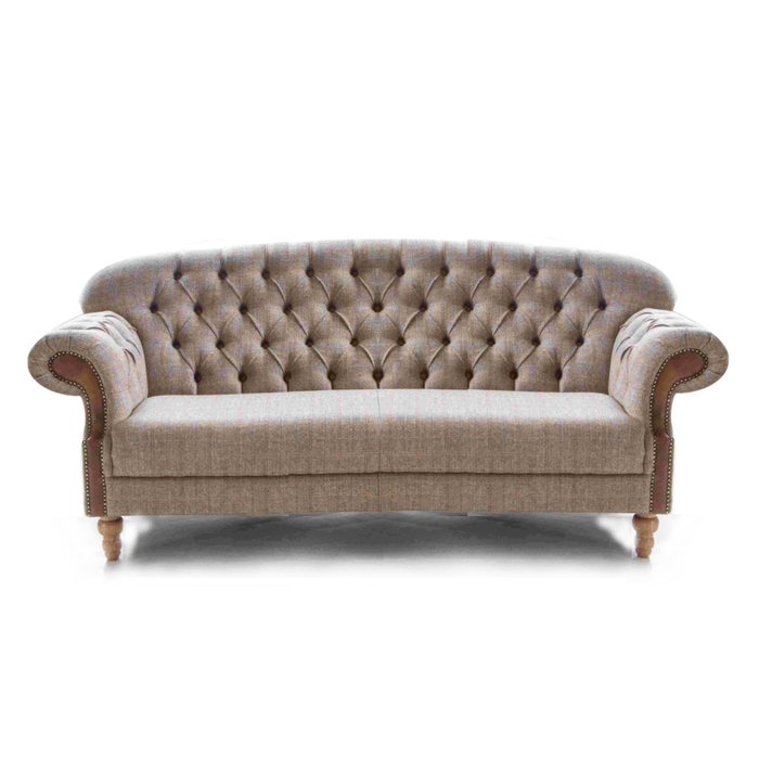 Haworth Buttoned Back Hunting Lodge Harris Tweed® & Brown Vintage Leather Sofa - Choice Of Sizes - The Furniture Mega Store 